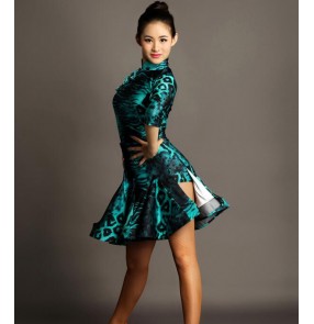 Turquoise blue leopard printed spandex turtle neck short sleeves side split women's ladies female competition cheongsam fashion performance professional latin ballroom dance dresses outfits